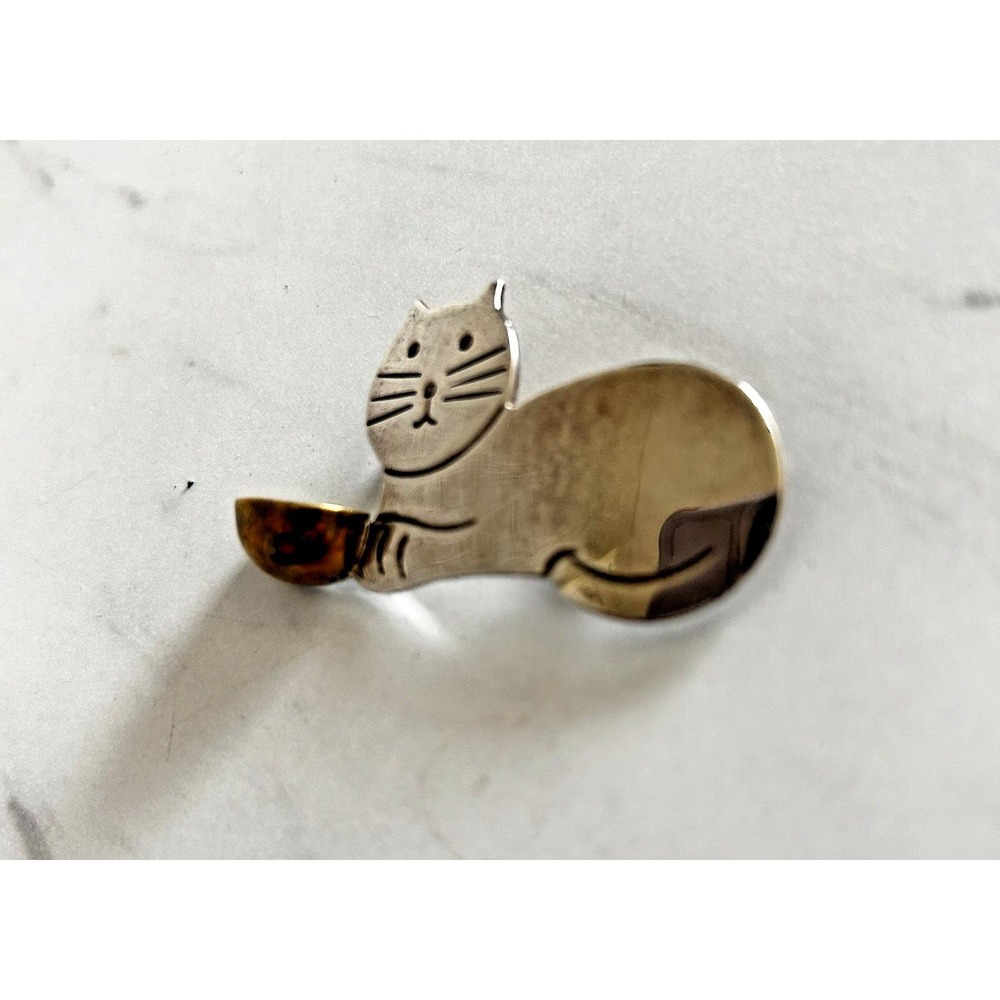Sterling Silver 925 Cat W/ Brass Bowl Brooch Modernist Signed OMA TM 212 Mexico